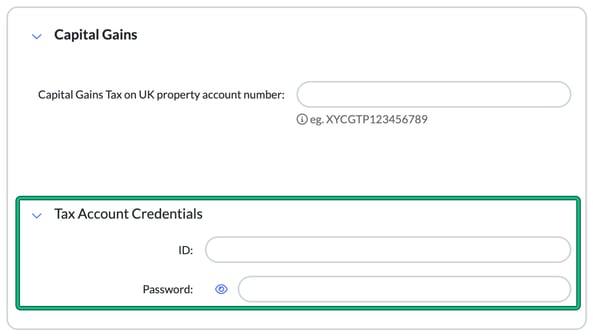 Capital Gains card in Tax References with the Tax Account Credentials ID and Password fields highlighted