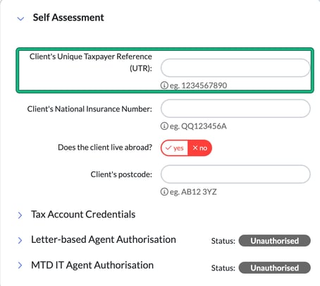 Self Assessment panel on a client's Tax References page with the Client's Unique Taxpayer Reference (UTR) field highlighted, above the National Insurance number, live abroad and postcode fields