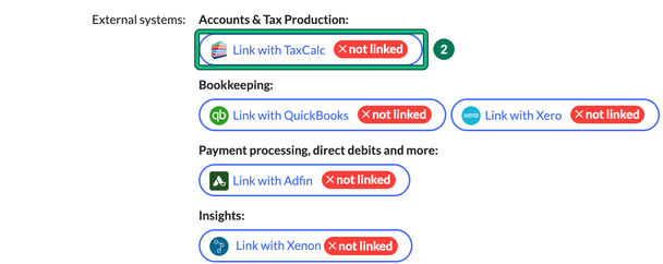 External systems on a client's General info step with Link with TaxCalc, marked not linked, highlighted as step 2