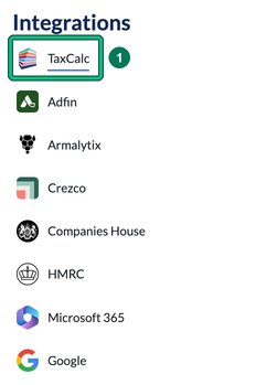 Integrations list in Settings with TaxCalc highlighted as step 1