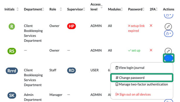 Right-hand end of the System users list with the padlock menu open on your own row and the padlock button and Change password highlighted