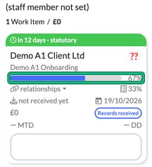 Job card for Demo A1 Onboarding with the blue phases progress bar at 67% highlighted, separate from the 33% checklist figure