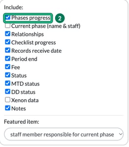 Card layout menu with Phases progress ticked and highlighted as step 2, above other items such as Current phase (name & staff), Checklist progress and Status