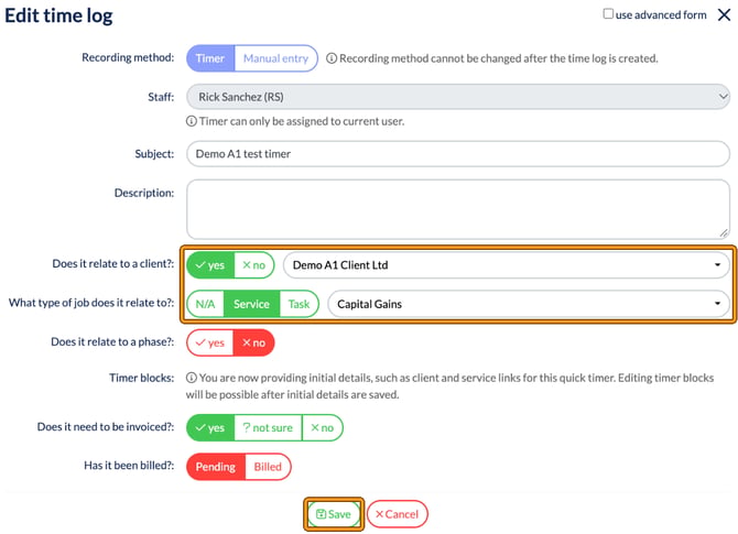 Edit time log linked to Demo A1 Client Ltd and the Capital Gains service, needing invoicing, with the client and service links and the Save button highlighted