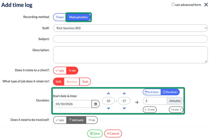 Add time log with Manual entry selected, showing a start date and time and a duration of 5 minutes, with the Manual entry option and the duration fields highlighted