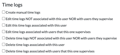 Time logs permissions: create manual time logs, and edit or delete time logs associated with this user, with users they supervise, or with neither