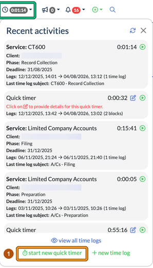 Recent activities panel opened from the clock icon in the top bar, with the clock icon highlighted and start new quick timer highlighted as step 1