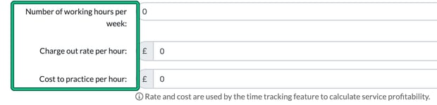 Edit user fields for number of working hours per week, charge out rate per hour and cost to practice per hour, with the three labels highlighted