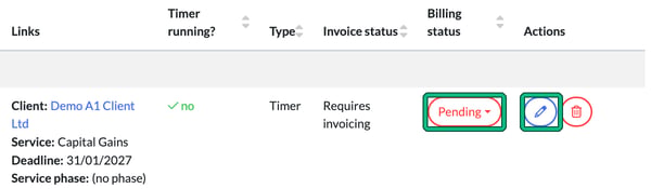 Right-hand end of a time log row showing the Demo A1 Client Ltd link, Requires invoicing, a red Pending billing status and the edit button, with Pending and the edit button highlighted