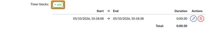 Timer blocks in Edit time log with one 30 second block, with the add button highlighted