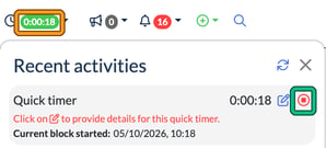 Top bar timer showing green while a quick timer runs, with the green timer and the red stop timer icon highlighted