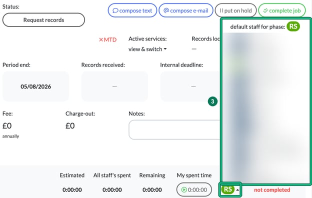 Phase staff dropdown open on a job card, with the default staff for phase and the staff list highlighted as step 3 and the staff initials badge highlighted, other staff names blurred