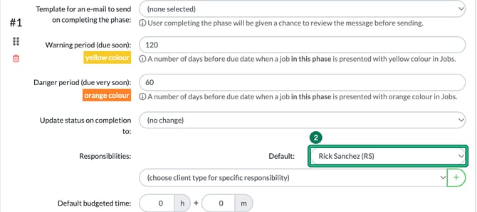 Phase settings in Edit service with the Responsibilities Default staff member dropdown highlighted as step 2