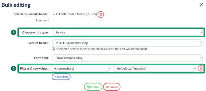 Bulk editing window for a demo client with Choose entity type set to Service highlighted as step 4, and the Phases and new values phase and staff member selectors highlighted as step 5