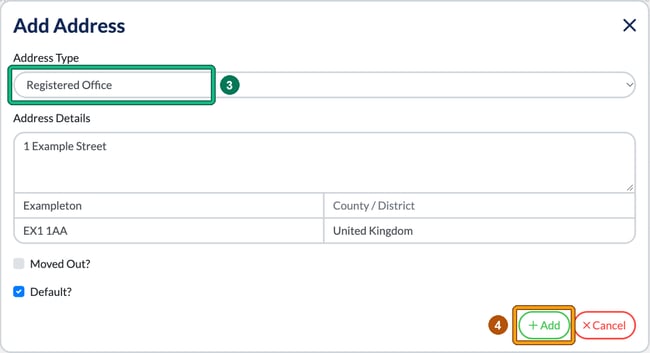 Add Address window with Address Type set to Registered Office highlighted as step 3, an example address, and Add highlighted as step 4