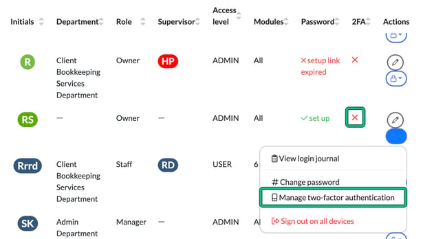 Right-hand end of the System users list with the red cross in the 2FA column on your row highlighted, and the padlock menu open with Manage two-factor authentication highlighted