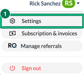 User menu at the top right opened, with Settings highlighted