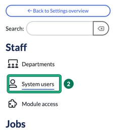 Settings side panel with System users under Staff highlighted