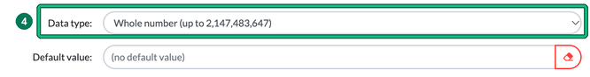 Data type set to Whole number (up to 2,147,483,647) highlighted as step 4