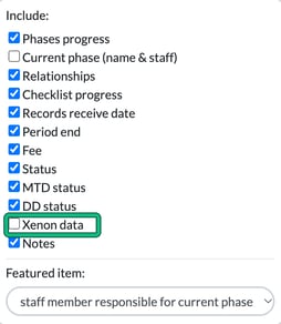Card layout menu with the Xenon data option highlighted under Include, above the Featured item drop-down
