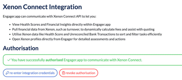 Xenon Connect Integration settings showing a successful authorisation, with the re-enter integration credentials and revoke authorisation buttons