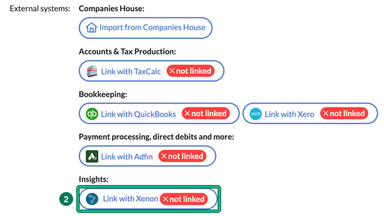 External systems in a client's General info, with Link with Xenon and its not linked badge under Insights highlighted as step 2