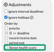 Jobs Adjustments panel with Xenon health score highlighted under Order by, below priority, deadline, record receive date and period end