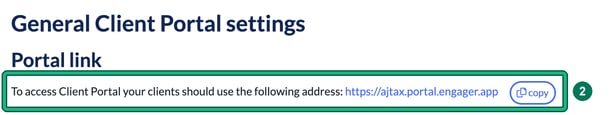 General Client Portal settings showing the Portal link address and the copy button, highlighted as step 2