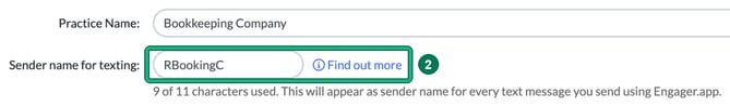 Company Information showing the Sender name for texting field and its Find out more link highlighted as step 2, with 9 of 11 characters used