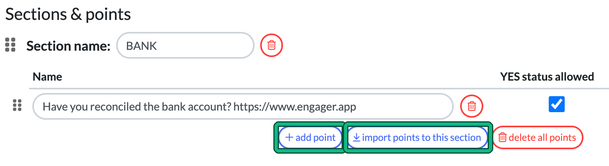 Edit checklist window with a section, one point and its YES status tick, and the add point and import points to this section buttons highlighted