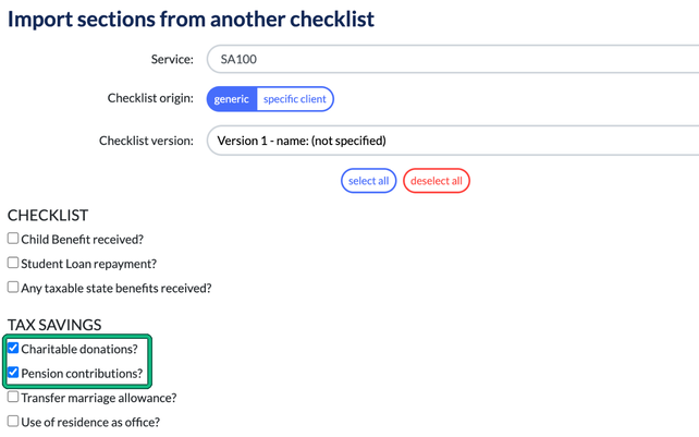 Import sections from another checklist: service SA100, generic origin, version 1, with two Tax savings points ticked for import and highlighted