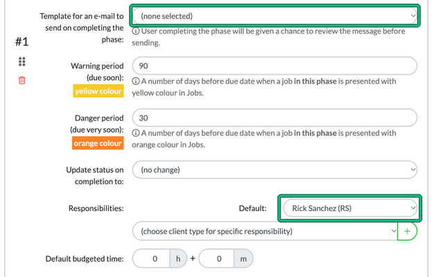 Phase settings showing the email template on completion, warning and danger periods, Update status on completion to, default responsibility and default budgeted time, with the email template and the default responsible person highlighted