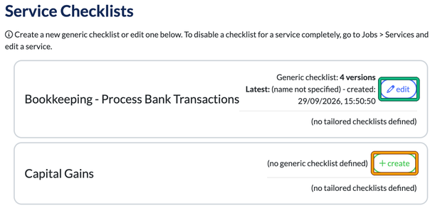 Service Checklists page: one service with a generic checklist and its edit button highlighted, another with no checklist and its create button highlighted