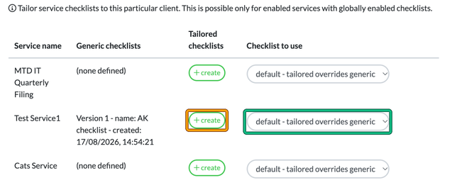 Tailored checklists page for a client: each service has a create button and a Checklist to use setting, with the create button and the default - tailored overrides generic setting highlighted for one service
